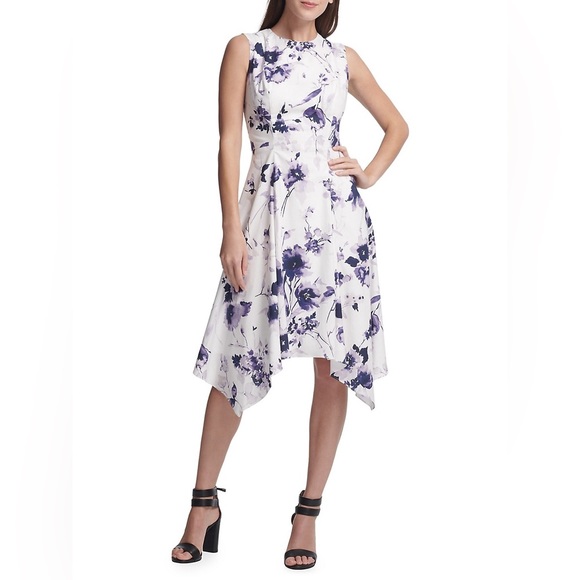EUC DKNY White & Purple Floral Handkerchief Hem Fit-&-Flare Dress - Picture 3 of 16